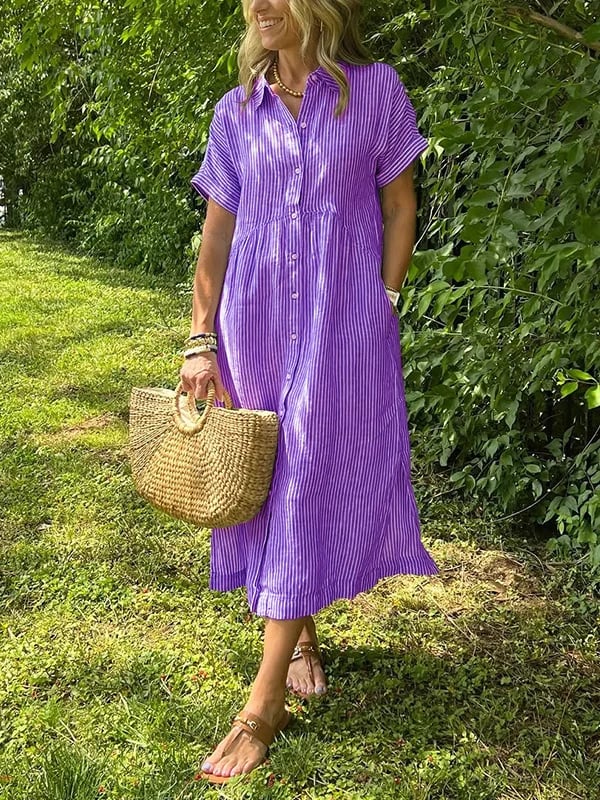 🎉This week's Special Sales - 50% OFF✨Striped Lapel Button Down Shirt Dress | With Functional Pockets