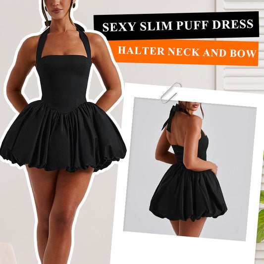 Women's Sexy Slim Puff Dress with Halter Neck and Bow