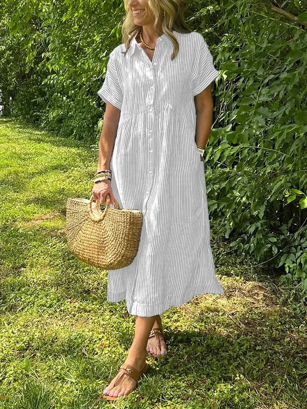 🎉This week's Special Sales - 50% OFF✨Striped Lapel Button Down Shirt Dress | With Functional Pockets