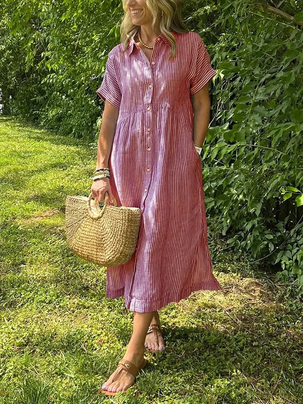 🎉This week's Special Sales - 50% OFF✨Striped Lapel Button Down Shirt Dress | With Functional Pockets