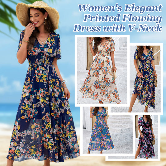 Women's Elegant Printed Flowing Dress with V-Neck