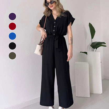 💖LAST DAY SALE 50% OFF💖Women's V-Neck Short Sleeve Casual Jumpsuit