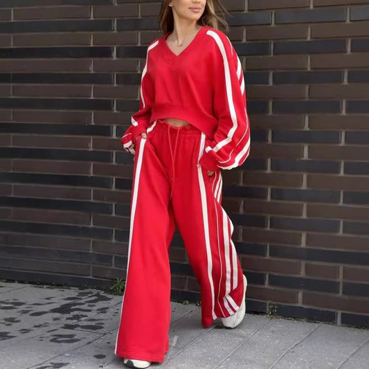 💖Limited Sale 50% OFF💖V-Neck Sweatshirt & Wide-Leg Pants 2-Piece Set