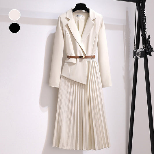 🎅Early Xmas Sales - 50% OFF🎄Asymmetrical Patchwork Pleated Blazer Dress with Belt