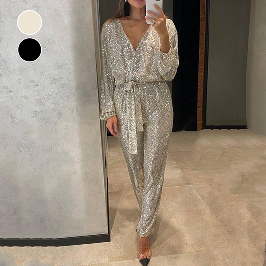 💕Hot Sale 50% OFF💕Women's Sparkly V Neck Belted Jumpsuits