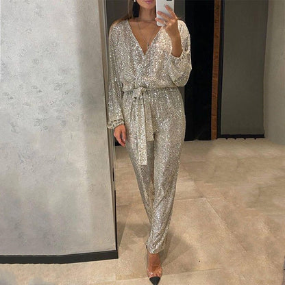 💕Hot Sale 50% OFF💕Women's Sparkly V Neck Belted Jumpsuits