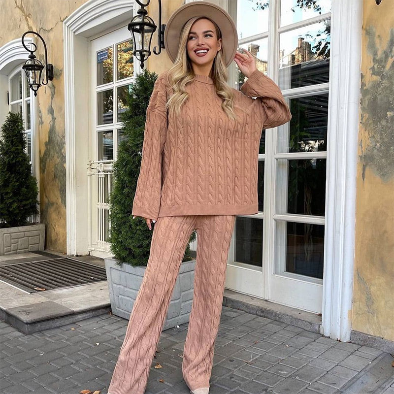 💖Limited Sale 50% OFF💖Solid Crew Neck Twist Textured Sweater & Pants Set
