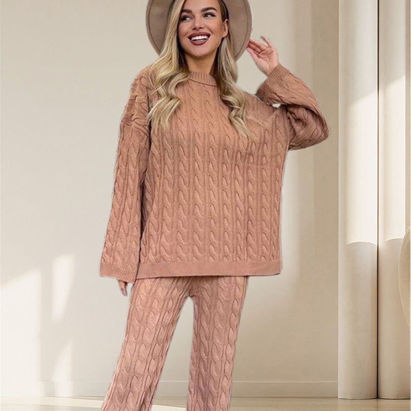 💖Limited Sale 50% OFF💖Solid Crew Neck Twist Textured Sweater & Pants Set