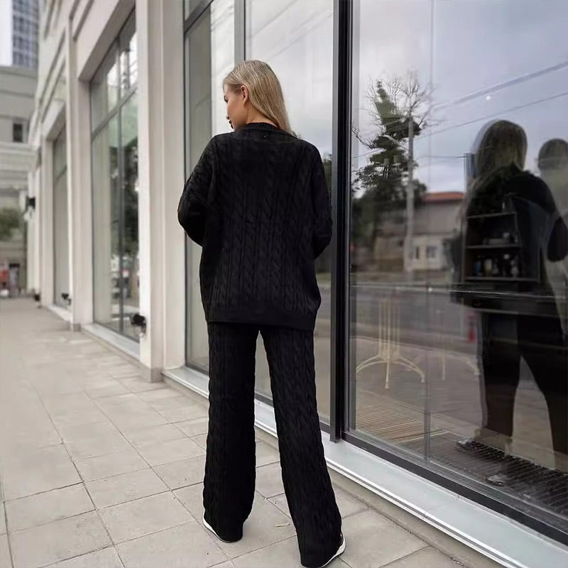 💖Limited Sale 50% OFF💖Solid Crew Neck Twist Textured Sweater & Pants Set