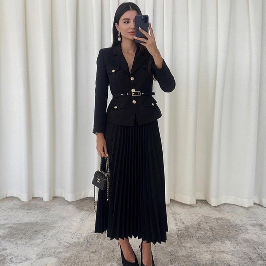 🎅Early Xmas Sales - 50% OFF🎄Women's Lapel Blazer & Pleated Maxi Skirt 2-Piece Set with Matching Belt