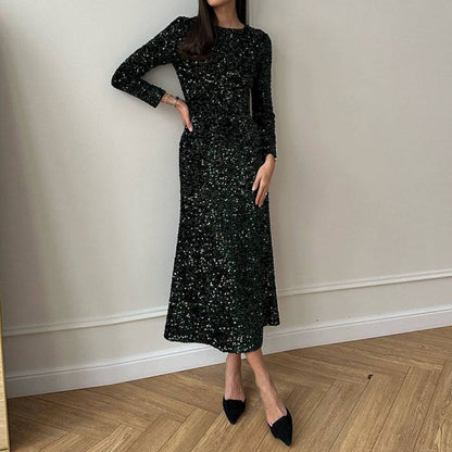 💖Limited Sale 50% OFF💖Women's Sparkly Round-Neck Bodycon Long Dress