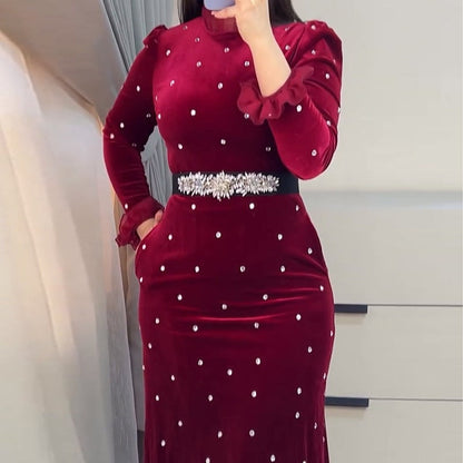 🎅Xmas Sales - 50% OFF🎄Women's Rhinestone Dress with Ruched Ruffle Hem【✈️free shipping 】