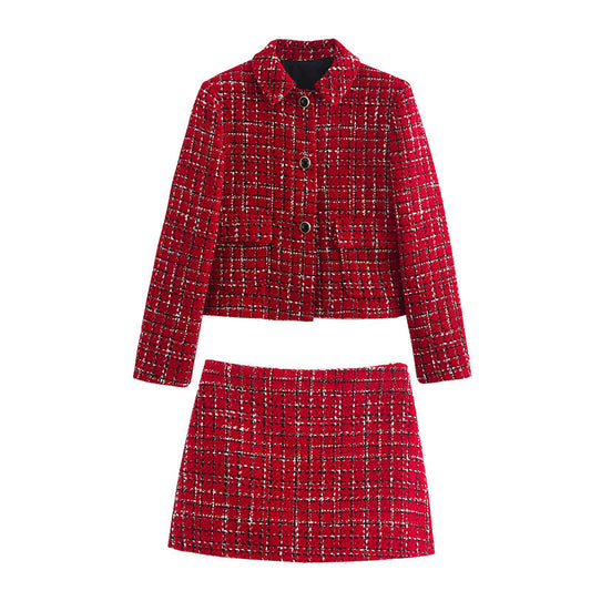 🎅Xmas Sales - 50% OFF🎄Warm Plaid Blazer and High-Waisted Skort 2 PCS Set