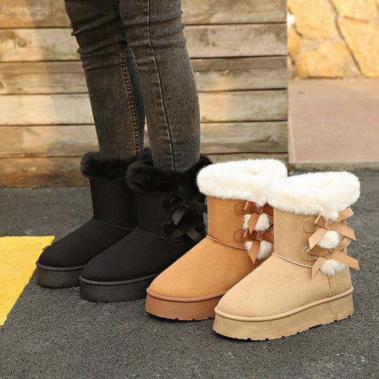 🎅Xmas Sales - 50% OFF🎄Women's Plush Bowtie Classic Platform Snow Boots