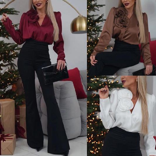 💖Limited Sale 50% OFF💖Women's Luxurious Satin V-neck Blouse with Rose Detail