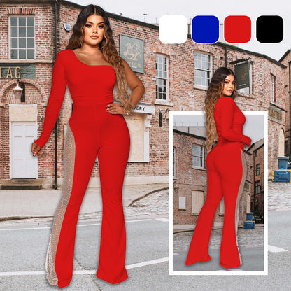 💖Limited Sale 50% OFF💖Sexy Off-Shoulder Bodycon Rhinestone Leg Jumpsuit