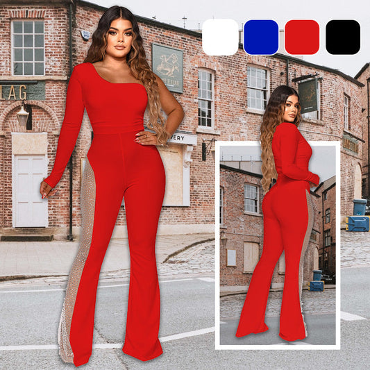 💖Limited Sale 50% OFF💖Sexy Off-Shoulder Bodycon Rhinestone Leg Jumpsuit