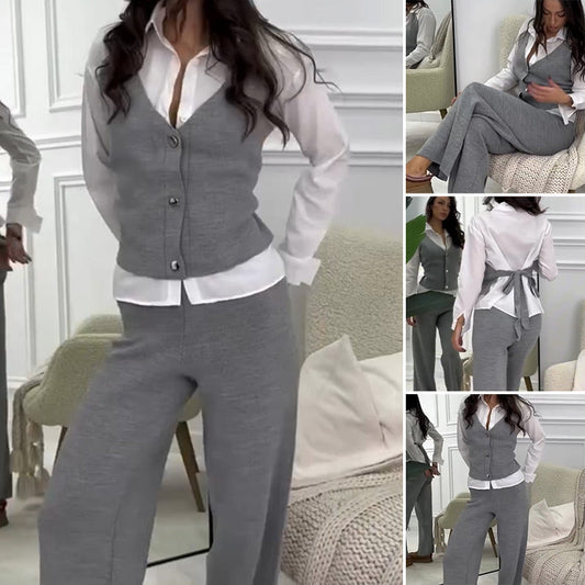 💖Limited Sale 50% OFF💖Women's Faux Two-Piece Shirt Vest & Pants Set