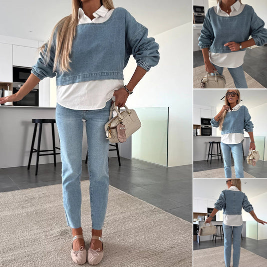 💖Limited Sale 50% OFF💖Women's Fashion Long Sleeve Denim Top & Pants Two Piece Set