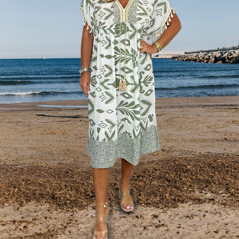 💖LAST DAY SALE 50% OFF💖Printed Casual Dress With V-Neckline and Fringes on the Short Sleeves