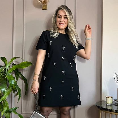 💕Limited Time 50% Off💕Women's Rhinestone Embellished Short Sleeve Dress