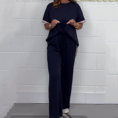 💖Limited Sale 50% OFF💖Side Stripe Short Sleeve T-Shirt & Wide Leg Joggers Set