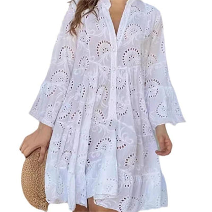 💕Limited Sale 50% OFF💕Solid Color V-Neck Loose Hollow Out Dress