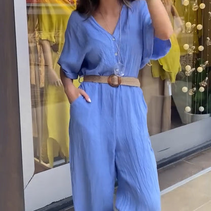 💖Limited Sale 50% OFF💖Women's Short Sleeve V-Neck Button Jumpsuit