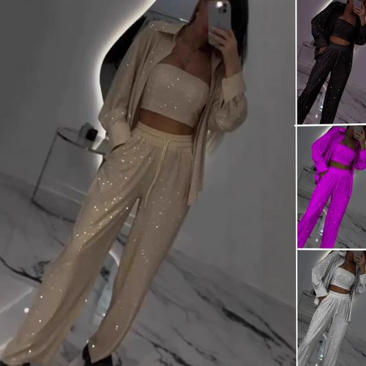 💕Limited Time 50% Off💕Women's Sequin Blazer & Wide-Leg Pants (3-Piece Set)