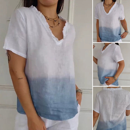💕Limited Time 50% Off💕Women's Casual Gradient Print Ruffled V-Neck Shirt