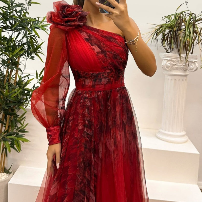 💖Limited Sale 50% OFF💖Women's Fashion Slant Shoulder Mesh Printed Dresses