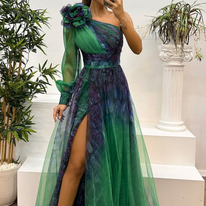 💖Limited Sale 50% OFF💖Women's Fashion Slant Shoulder Mesh Printed Dresses