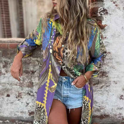 💗Limited Time Half Price Offer💗Printed Long Sleeve Lapel Open-Front Dress（The more you buy, the higher the discount）