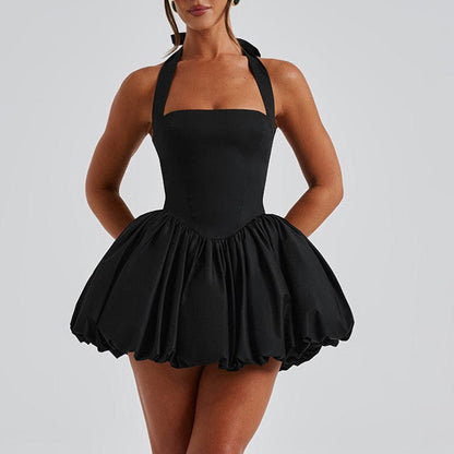 Women's Sexy Slim Puff Dress with Halter Neck and Bow