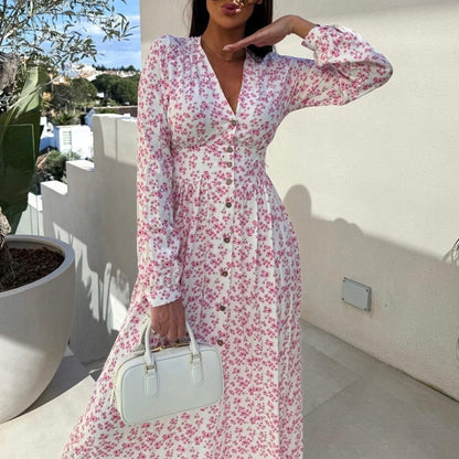 💖Last Day 50% OFF💖Fashion V-Neck Button Long Sleeve Floral Waist Dresses
