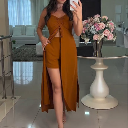 💖LAST DAY SALE 50% OFF💖Women's Fashion Solid Color Spaghetti Straps Long Top & Shorts Two Piece Set