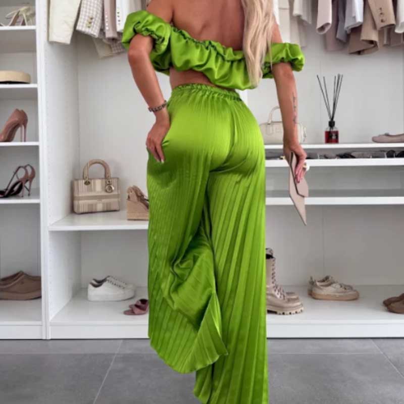💖LAST DAY SALE 50% OFF💖Women’s Sexy Solid Color Top Wide Leg Pants Two Pieces Set