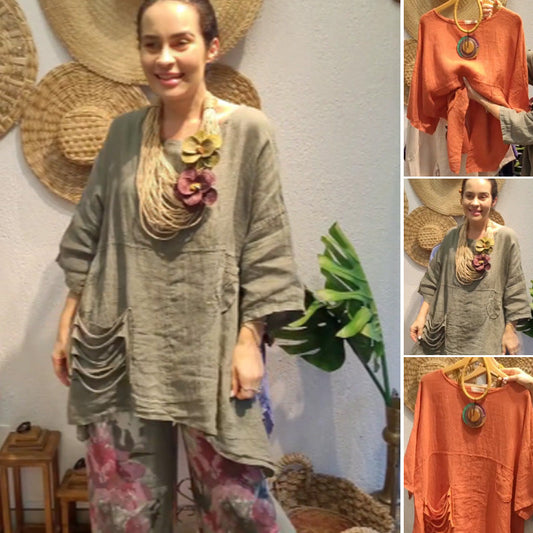 💖LAST DAY SALE 50% OFF💖Women's Loose Fit Linen Top with Side Pockets