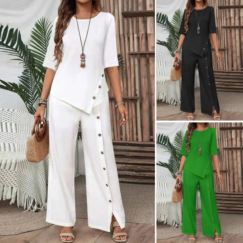 ✨2025 New Arrivals ✨Women's Irregular Hem Top & Wide Leg Pants Two-Piece Set