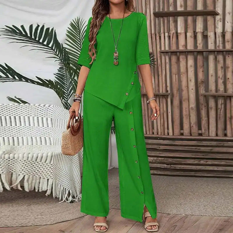✨2025 New Arrivals ✨Women's Irregular Hem Top & Wide Leg Pants Two-Piece Set
