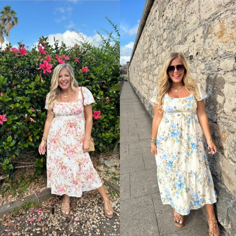 🏖️Summer Hot Sale 49% OFF🌼Women's Printed Square Neck Pleated Short Sleeve Dress