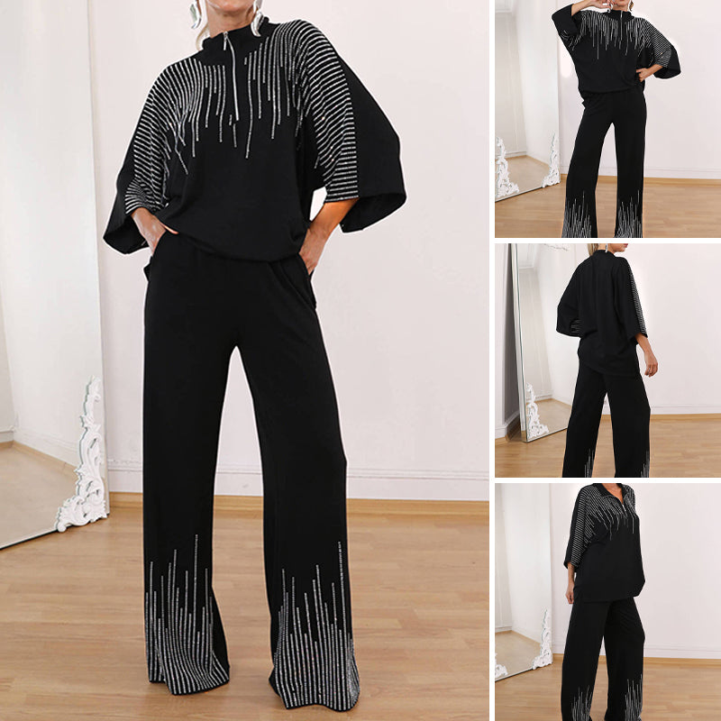 🔥Kostenloser Versand  Damen Zweiteiler mit Strass: Oberteil mit halbem Reißverschluss & weite Hose