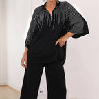 🔥Kostenloser Versand  Damen Zweiteiler mit Strass: Oberteil mit halbem Reißverschluss & weite Hose